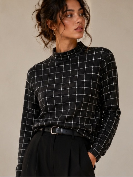 Lands' End Tops - Black & White CabinCore Windowpane Mock Neck Top Medium (10–12) Old Money Style